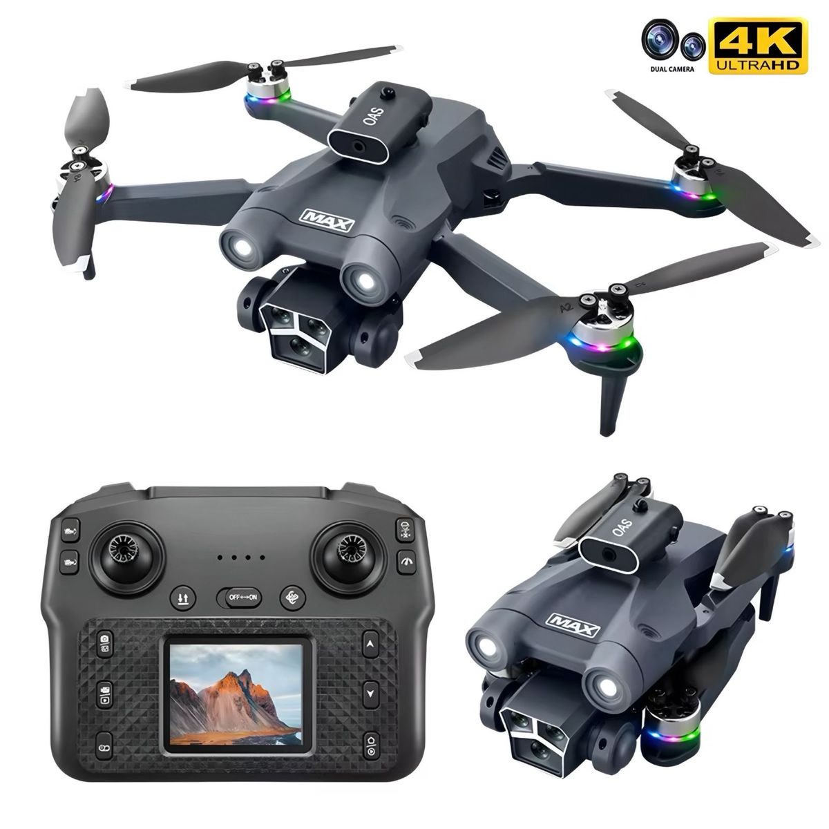 ACTUAL - Dron 4k Doble Cámara Control Remoto y Pantalla Luces Led y Bolso