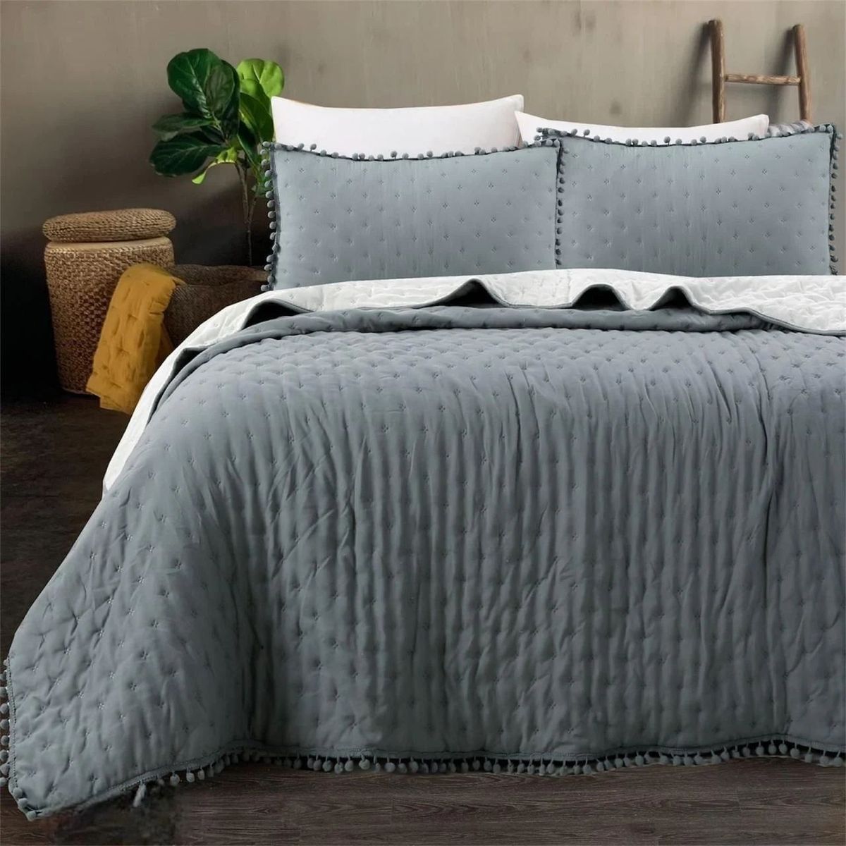 GENERICO - Cubrecama Y Fundas Con Pompon Dos Plazas Dormitorio