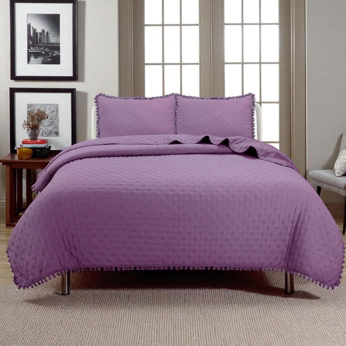 GENERICO - Cubrecama Y Fundas Con Pompon Dos Plazas Dormitorio