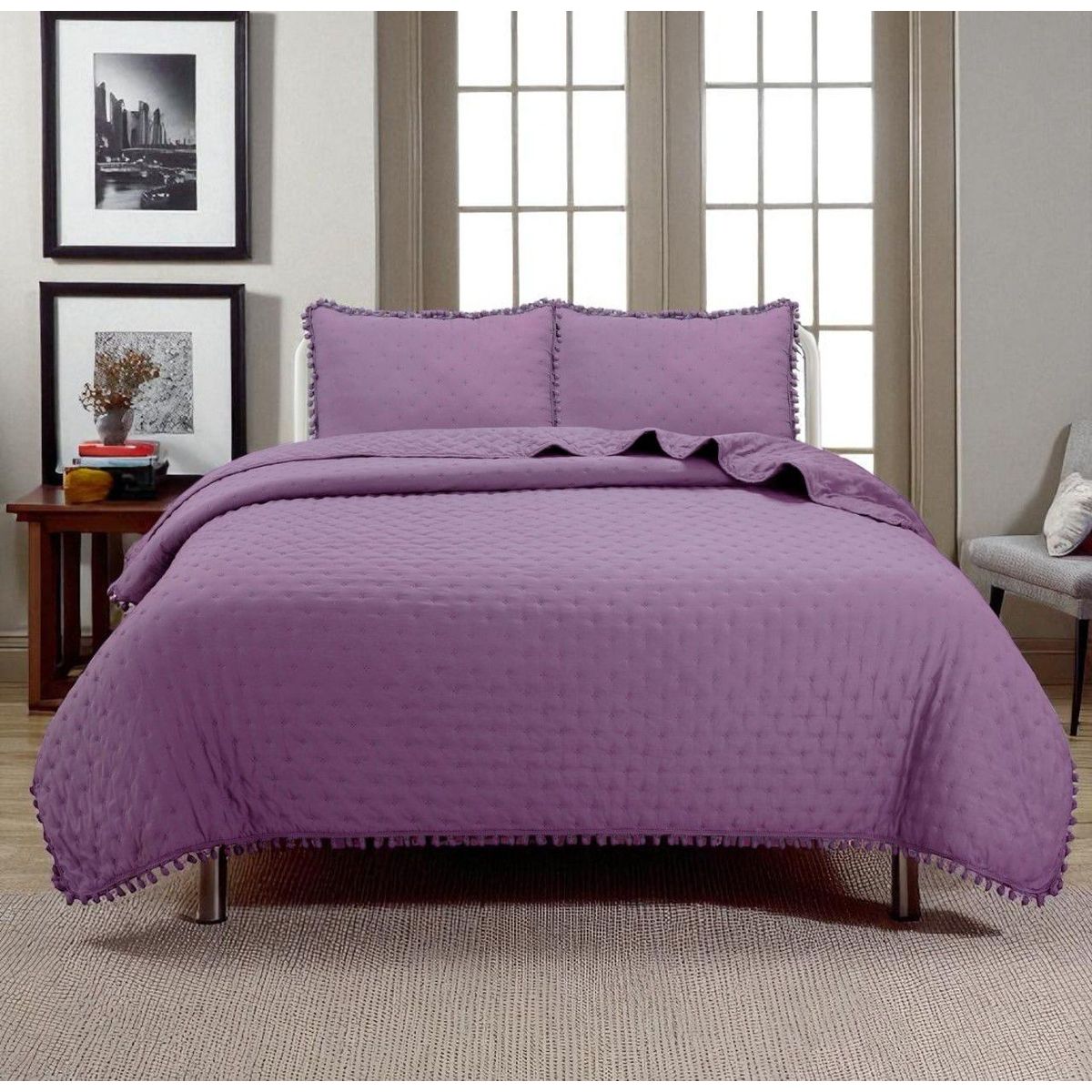 GENERICO - Cubrecama Y Fundas Con Pompon Dos Plazas Dormitorio