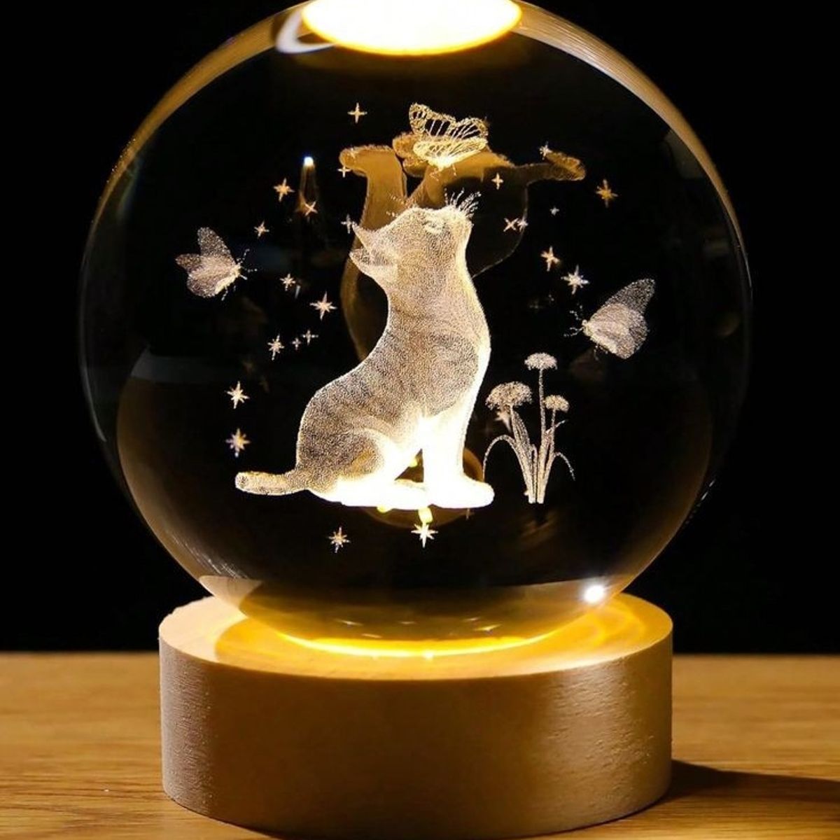 GENERICO - Gato MARIPOSAS Esfera de Cristal Decorativa Luz LED con USB
