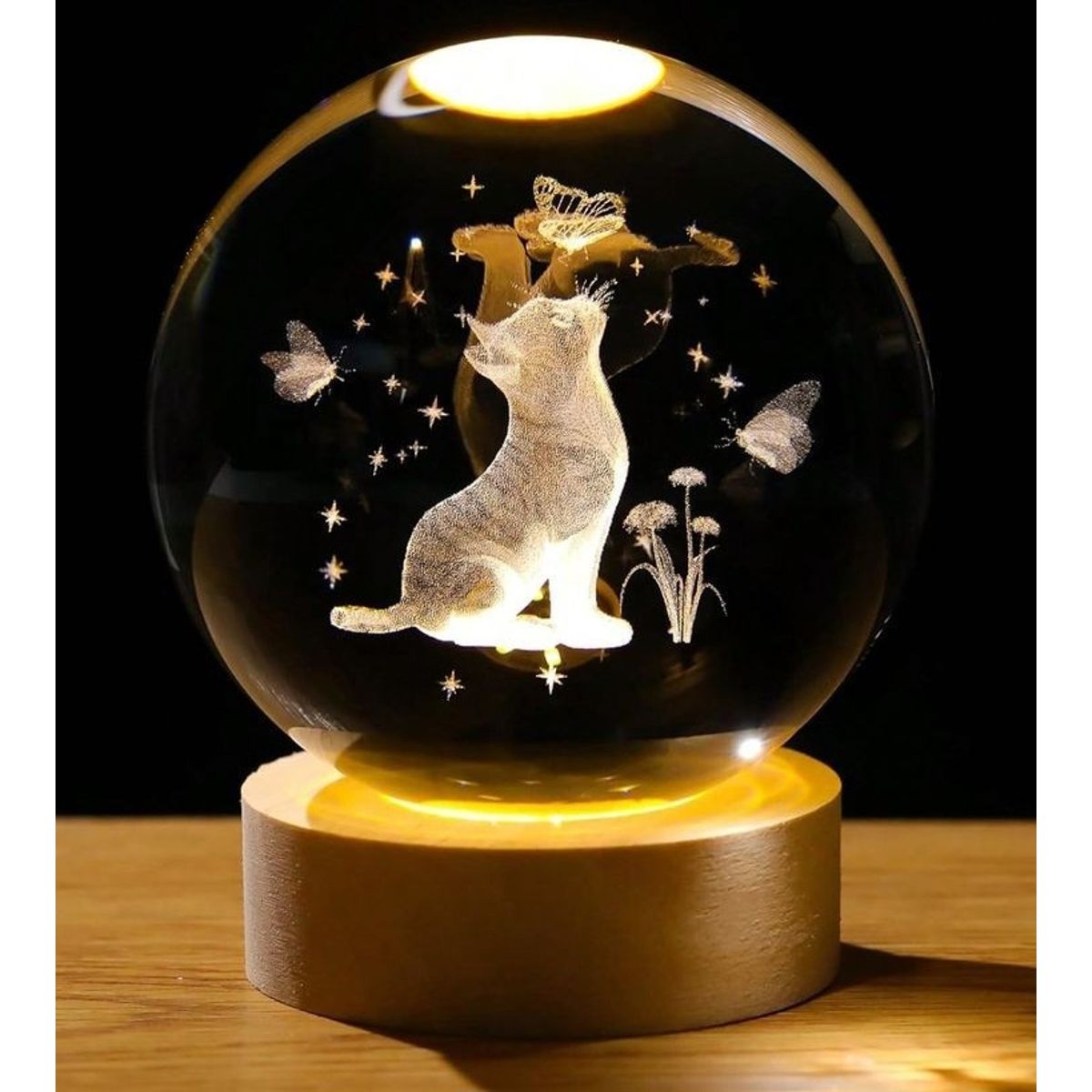 GENERICO - Gato MARIPOSAS Esfera de Cristal Decorativa Luz LED con USB