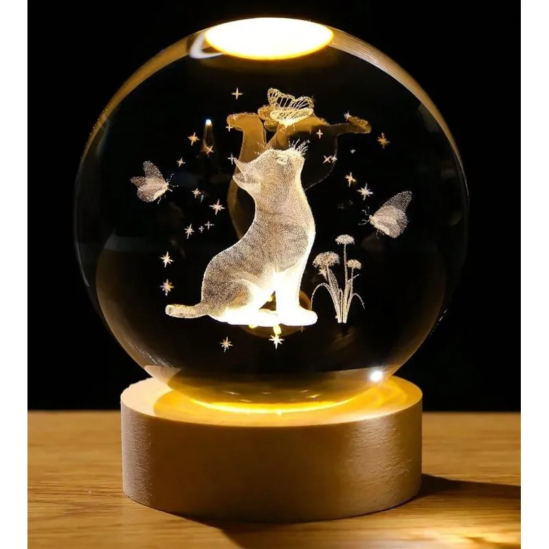 GENERICO - Gato MARIPOSAS Esfera de Cristal Decorativa Luz LED USB e Interruptor