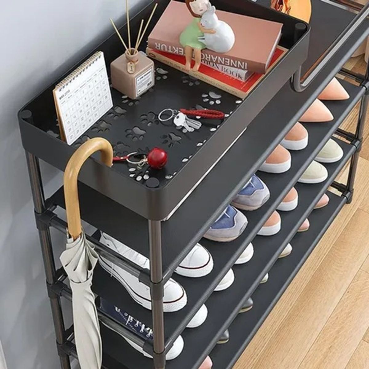 GENERICO - Zapatero Rack 5 Niveles Organizador Hall Multiusos 3 En 1 Color Negro