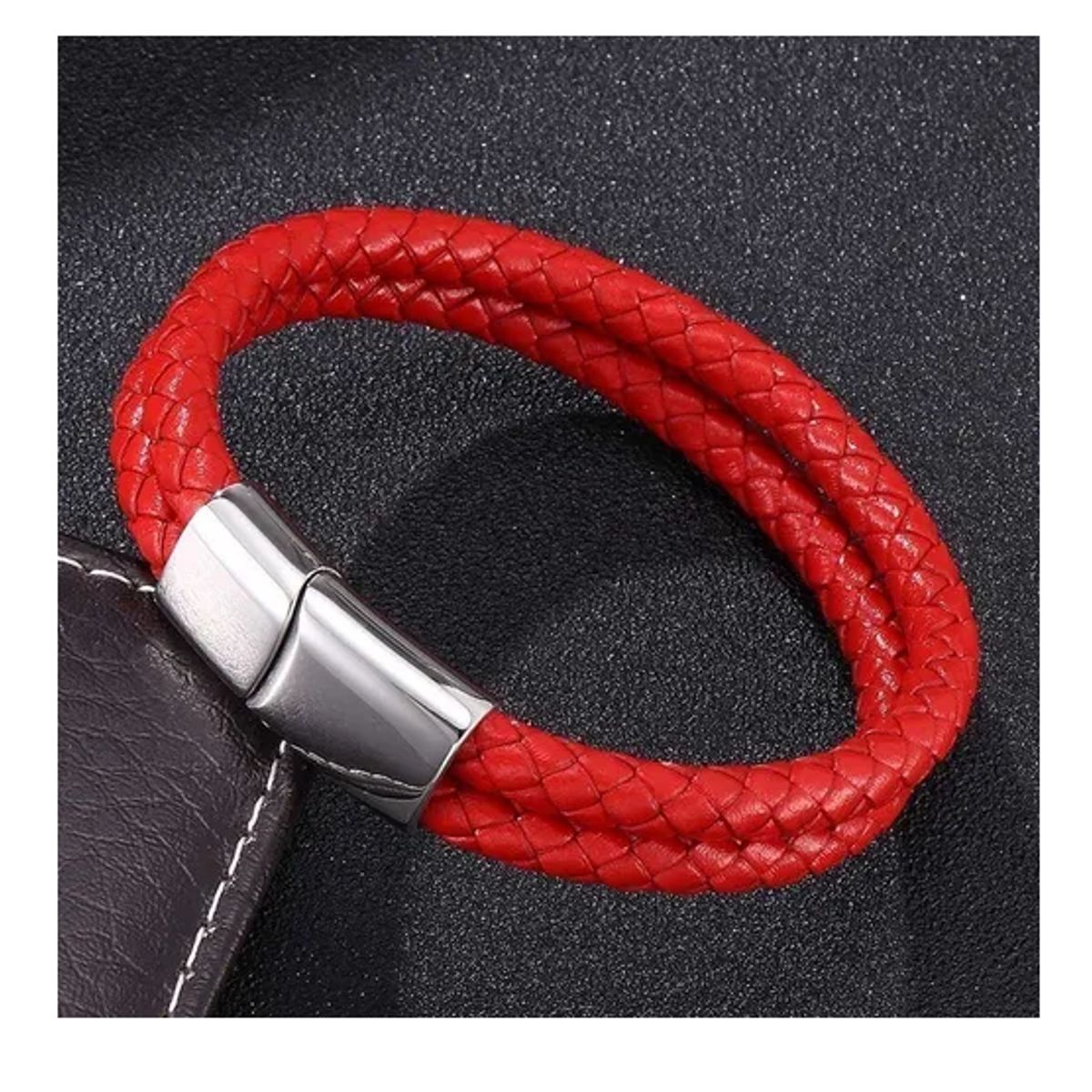GENERICO - Pulsera De Cuero Rojo And Silve Hombre Moda Masculina Royal Madriz