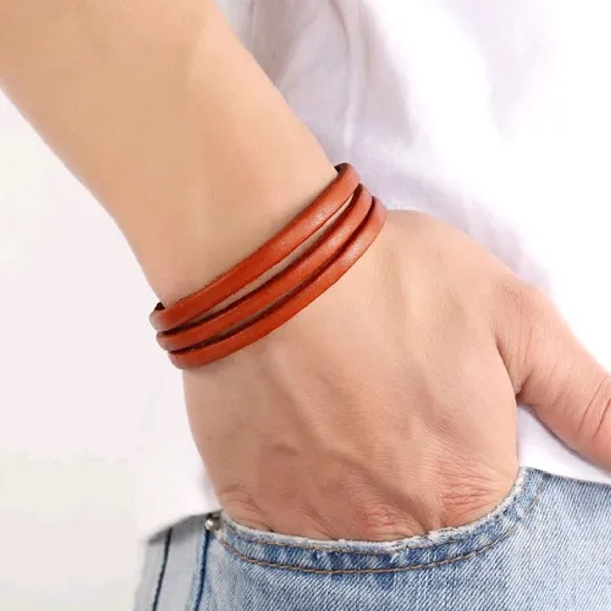 GENERICO - Pulsera Triple Cuero Café Claro Hombre Moda Masculina Royal Madriz