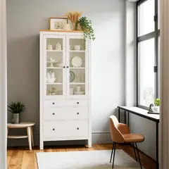 GENERICO - Vitrina de madera Vintage 90x35x180 color blanco con madera natural