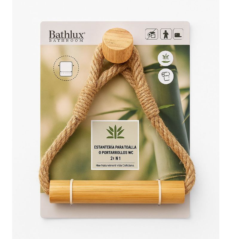 NEWTREE - Porta Toalla o Portarollos de Madera con Cuerda Rústica 24 cm 2 en 1