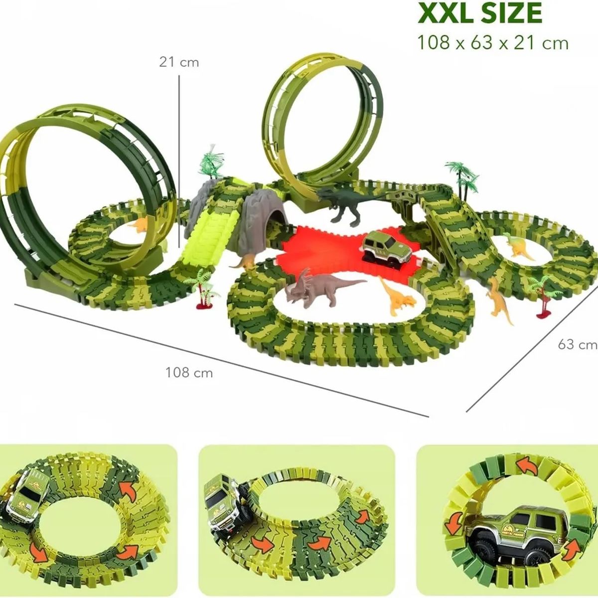 OEM - Pista Gigante XXL 244 Piezas, Autopista Flexible Dinosaurio