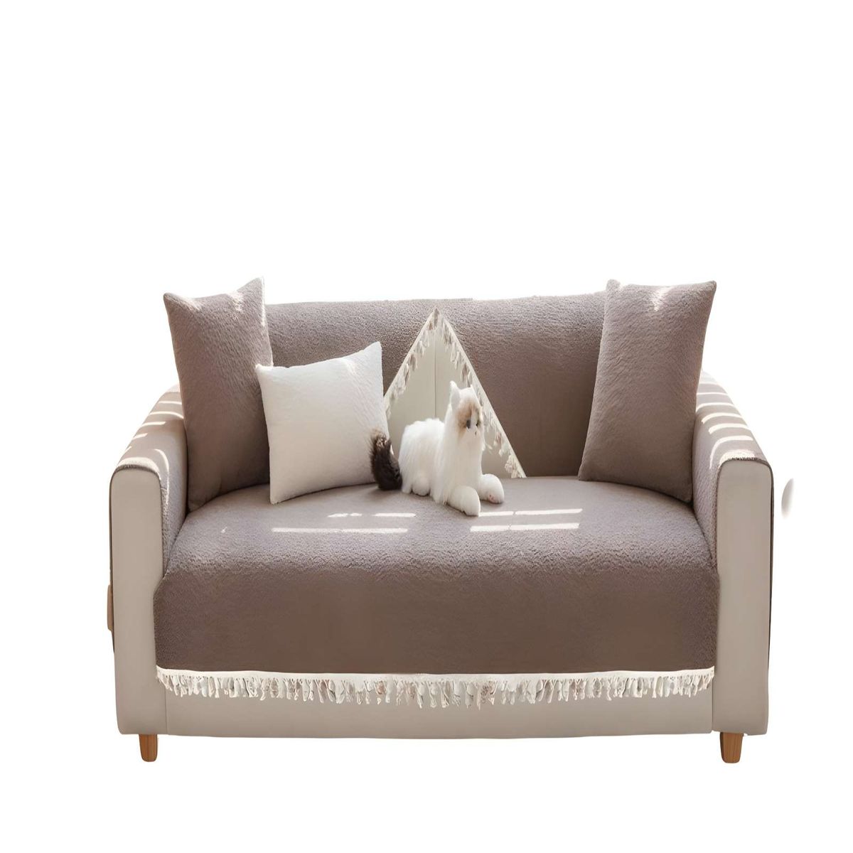 GENERICO - FUNDAS DE SILLÓN CON FLECOS 5 PIEZAS DE SILLÓN CON FLECOS MARRON