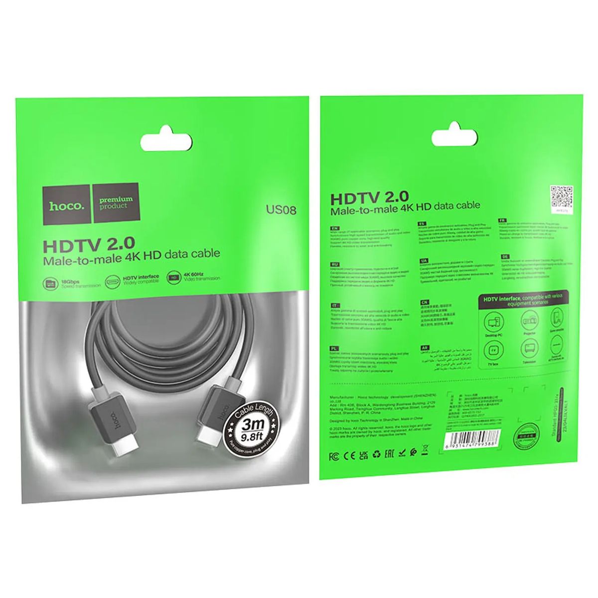 HOCO - Cable HDMI Hoco US08 HDTV 2.0 2M Negro