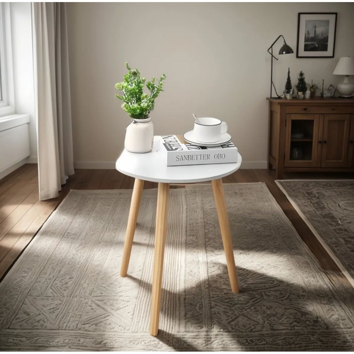 GENERICO - Mesa Auxiliar Redonda Blanca 50 cm Diámetro Estilo Nórdico