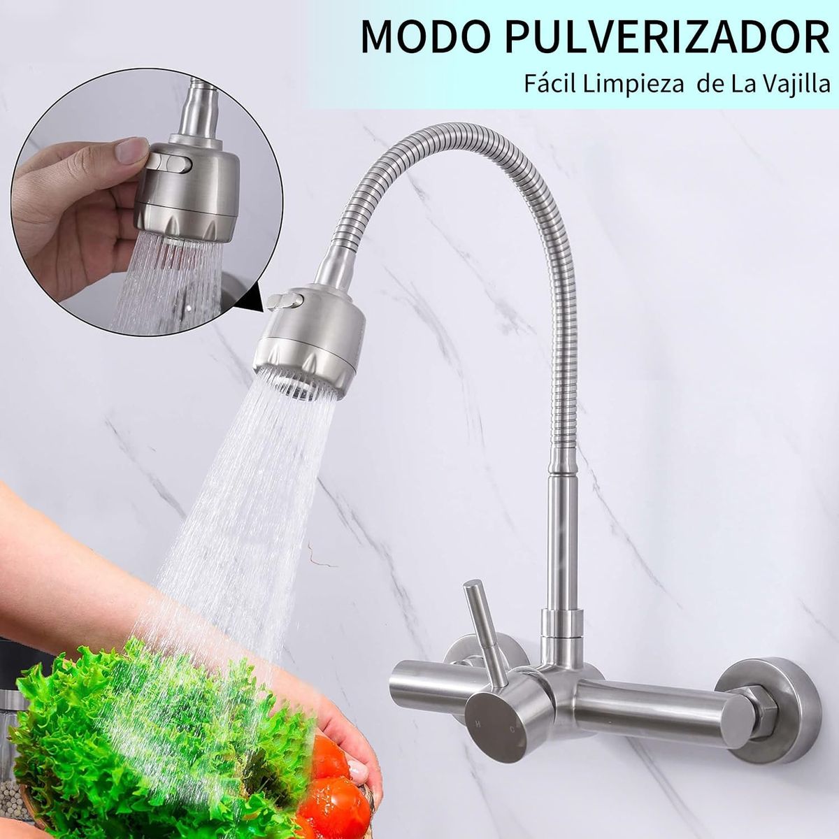 KUANGYE - Llave Monomando Lavaplato Al Muro Cuello Flexible Acero Inox