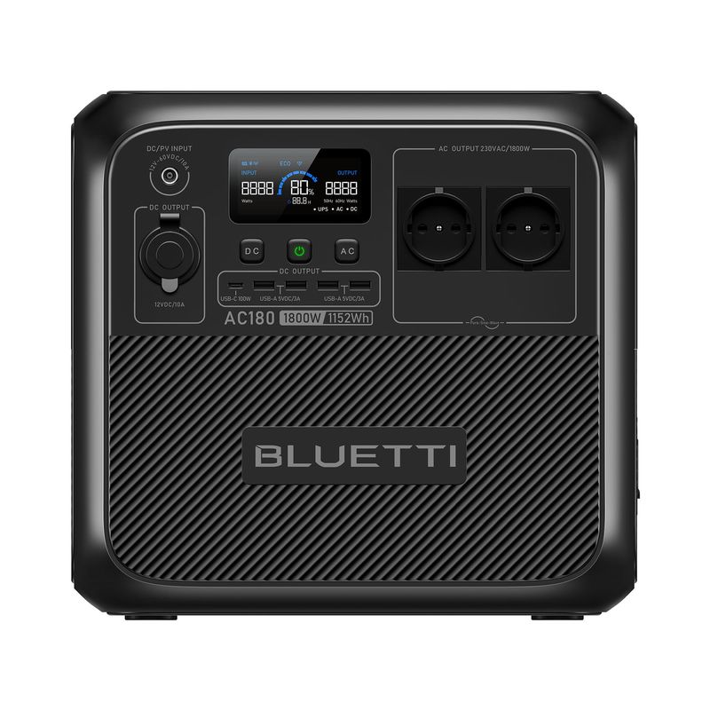BLUETTI - BLUETTI AC180 Estación de Energía Portátil Solar con Salidas europeas (2 pines), 1152Wh Batería LiFePO4, 2 Tomas de CA 1800W, 0-80% en 45 Min, para Emergencias y Viajes