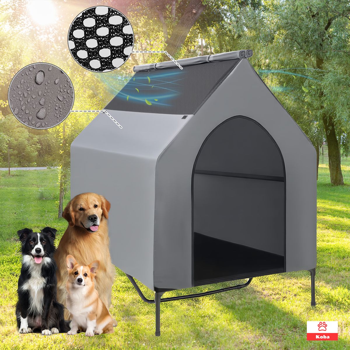 KOBA - Casa Para Perros Exterior Tipo Carpa Impermeable XL 125x92cm