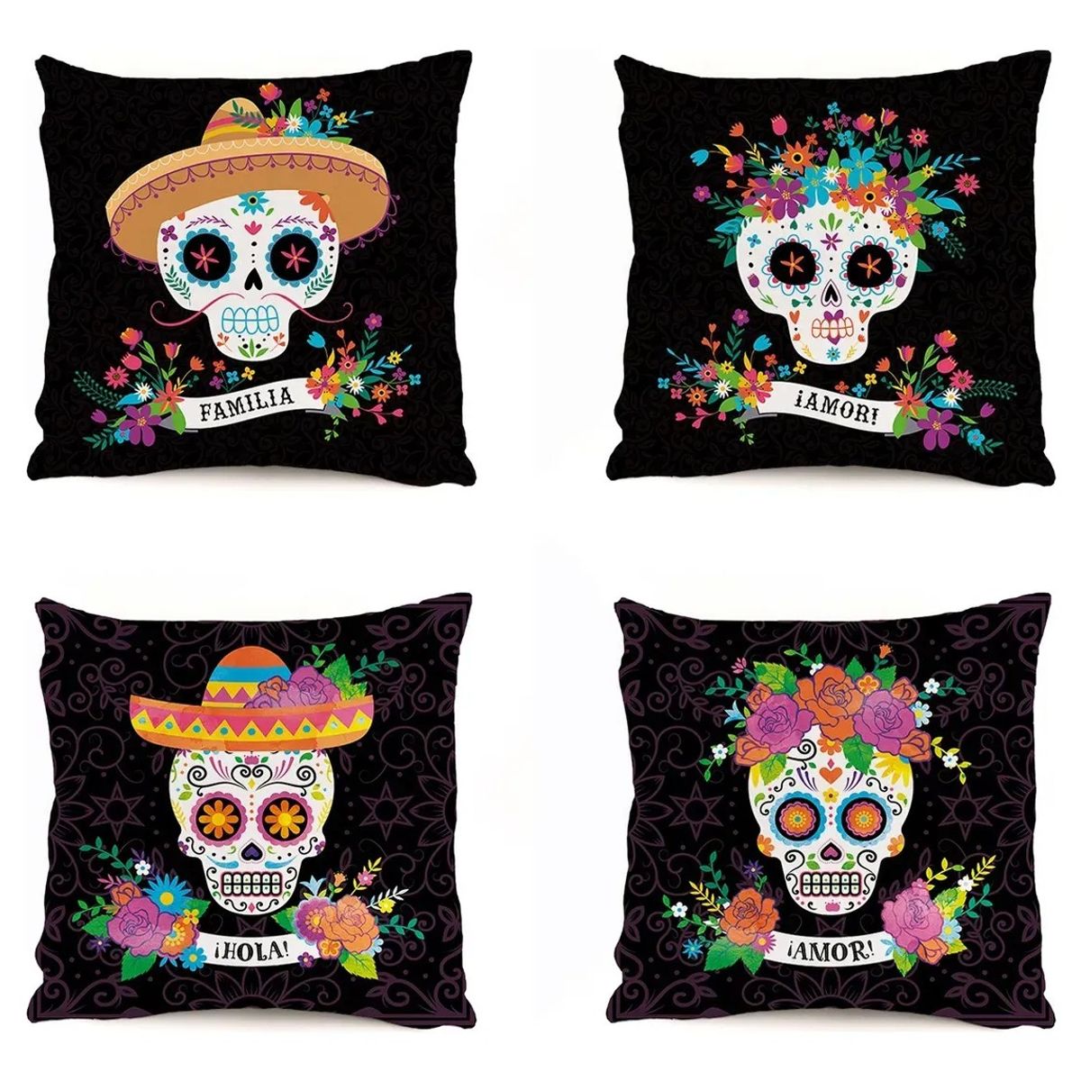 KUANGYE - Funda De Almohada Del Día De Muertos, Calavera, 4 Piezas