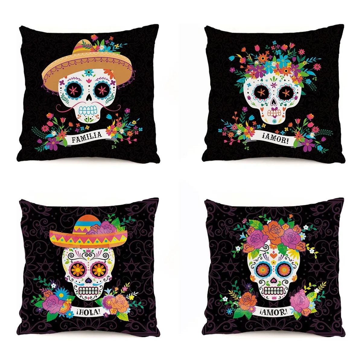 KUANGYE - Funda De Almohada Del Día De Muertos, Calavera, 4 Piezas