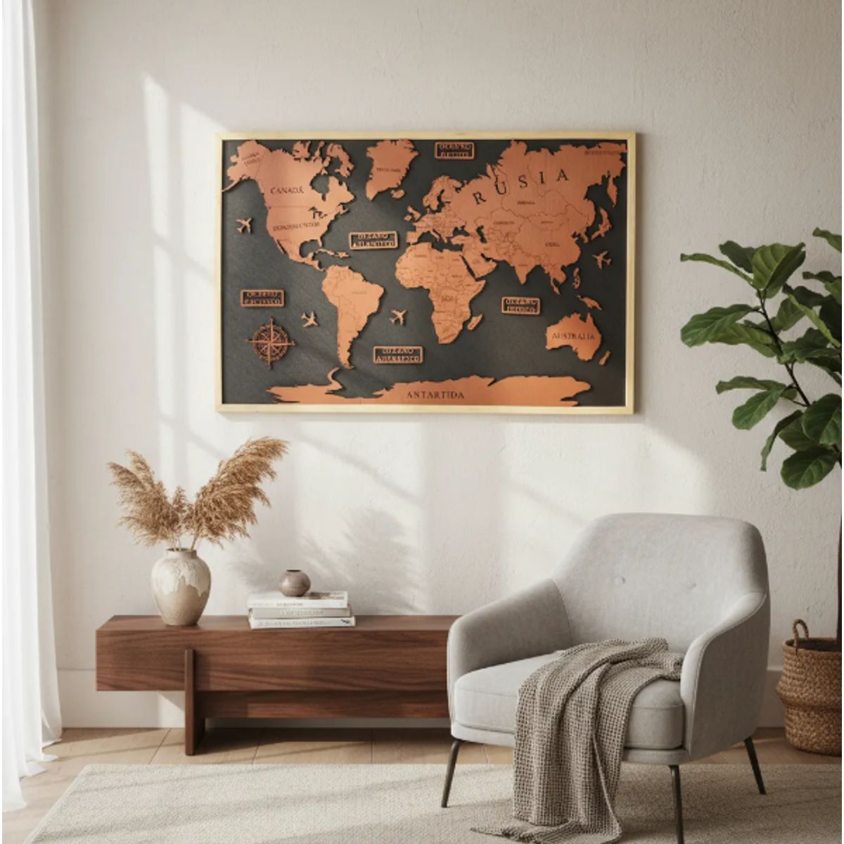 LOS REGALONES - Cuadro Mapa Del Mundo Tallado En Madera 60x90 Cm
