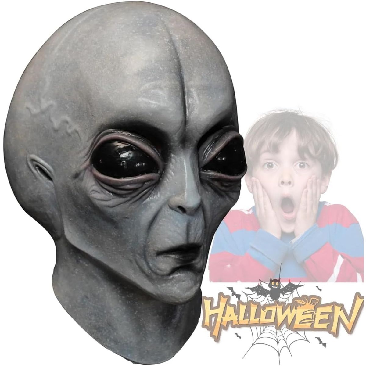 KUANGYE - Máscara Halloween Látex Alien Gris Con Luz Verde Adultos