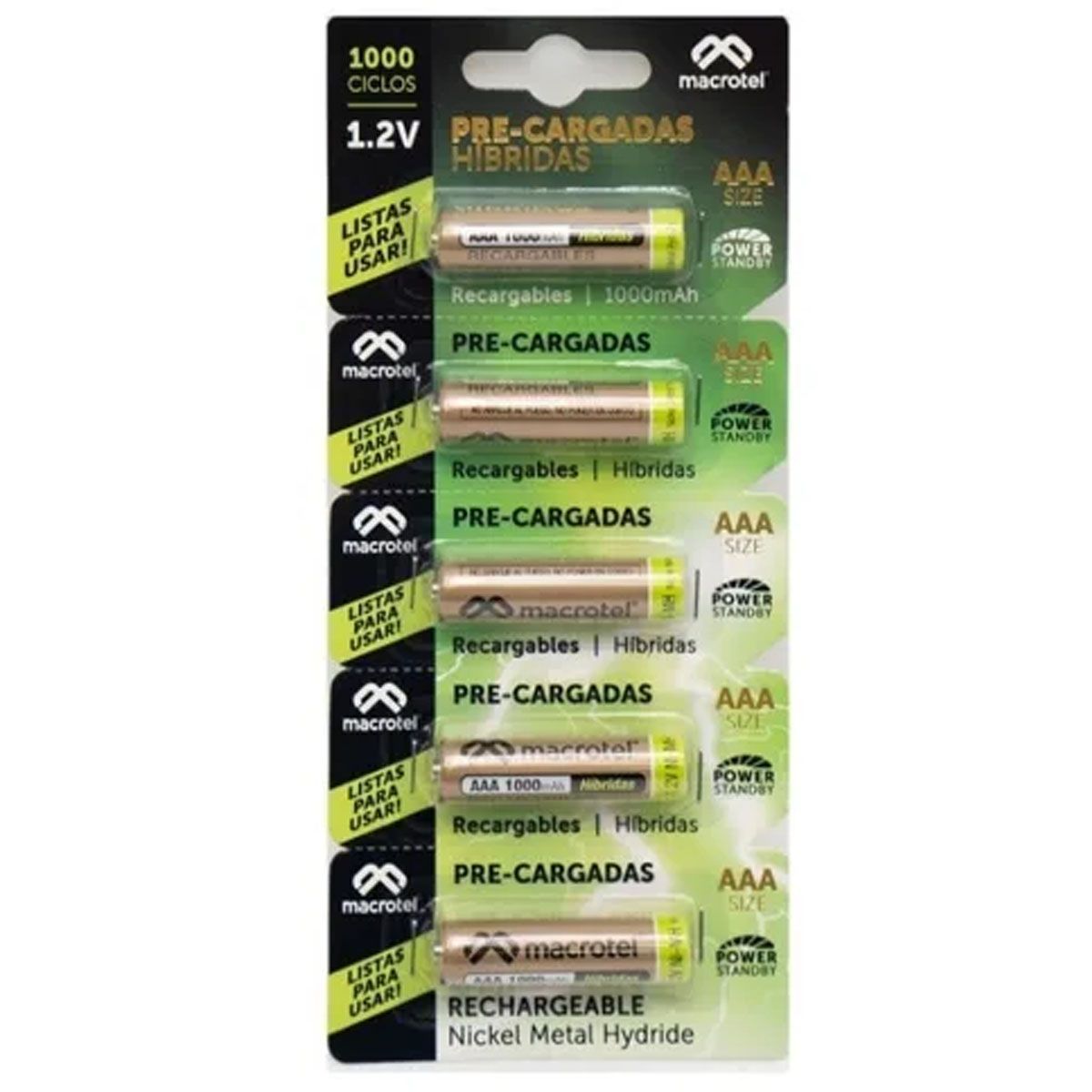 MACROTEL - PILAS RECARGABLES AAA, 5 UNIDADES, 1000 MAH MACROTEL