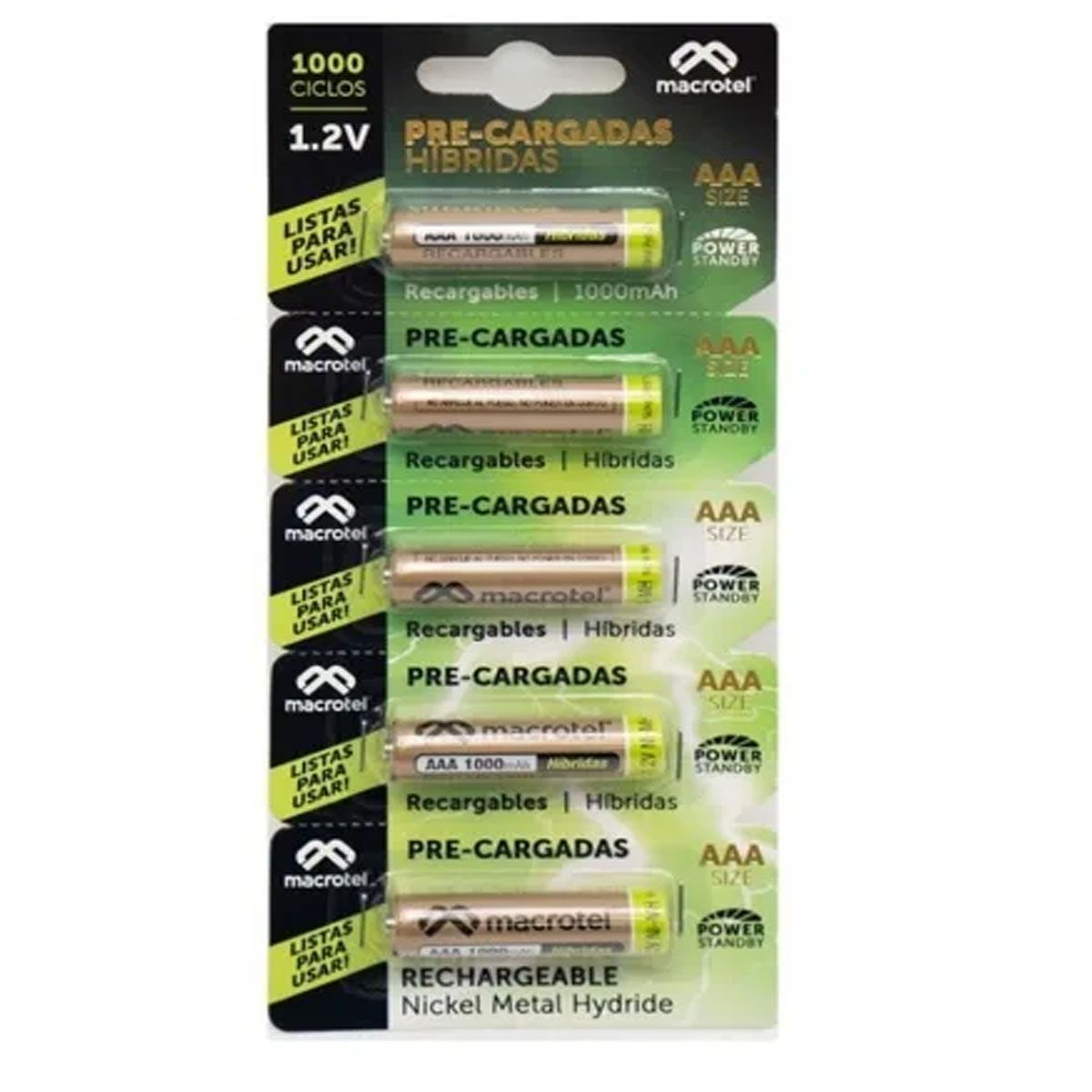 MACROTEL - PILAS RECARGABLES AAA, 5 UNIDADES, 1000 MAH MACROTEL