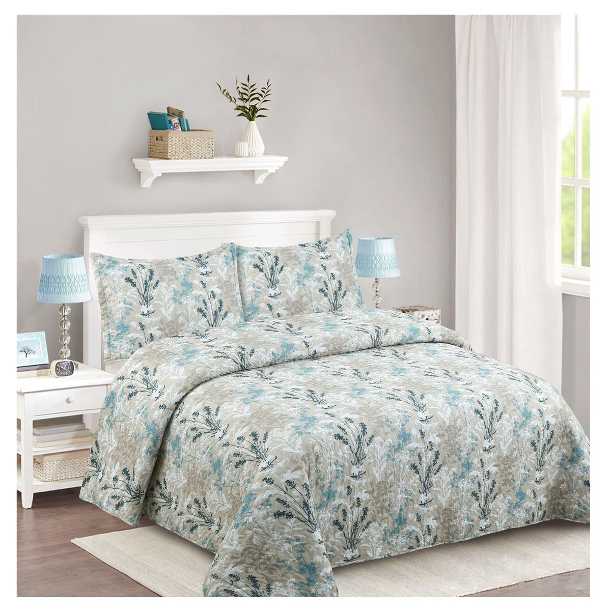 COMPRAPO - Cubrecama Quilt Liviano 2 Plazas Amanecer Azul + 2 Fundas 50x70 Cm