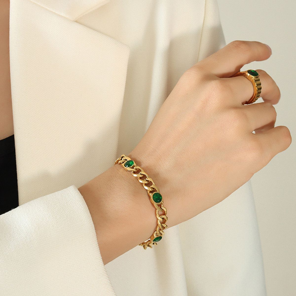 LUX JOYAS - Pulsera Baño Oro Amarillo 18k Grumet Circones Esmeralda