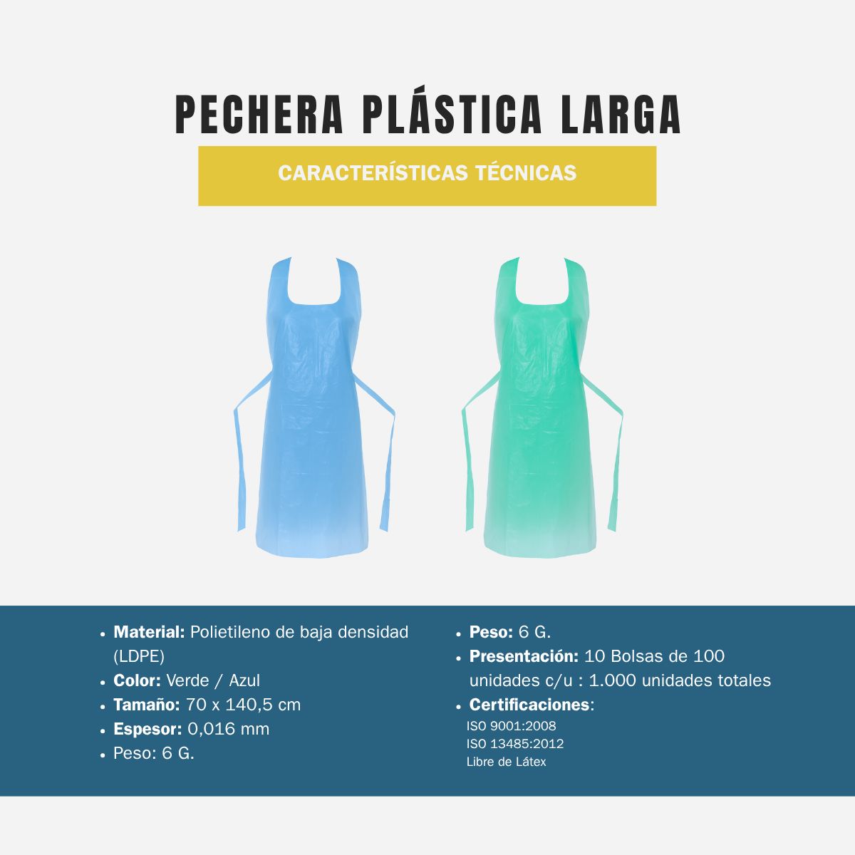 GENERICO - Pechera Plástica Impermeable Desechable Mred - 1000 Unidades TU / Azul