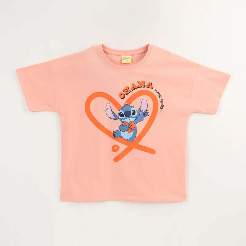 DISNEY - Polera Manga Corta Niña Damasco Stitch Ohana Disney