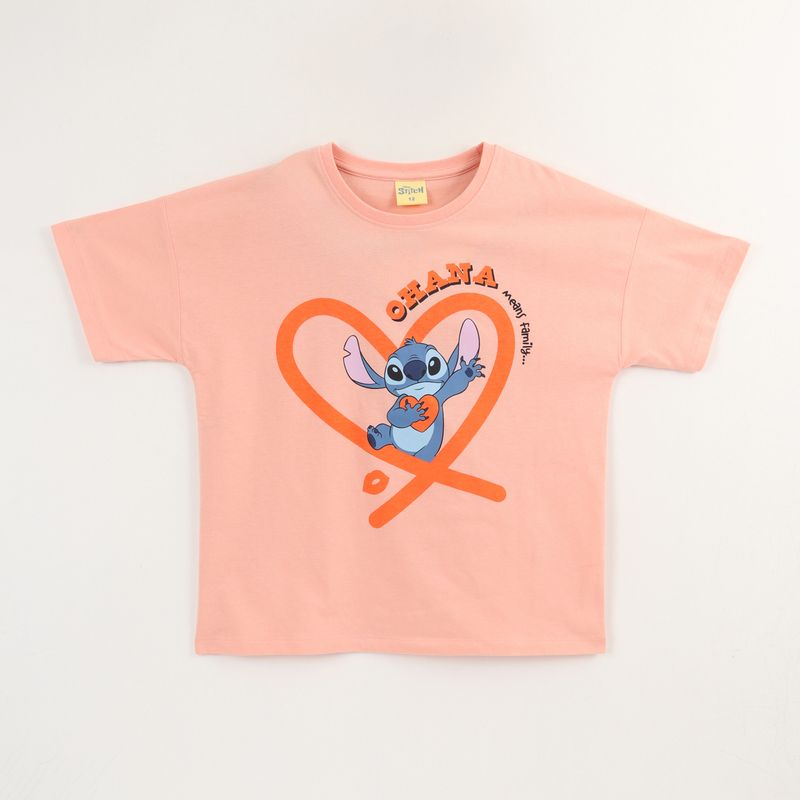 DISNEY - Polera Manga Corta Niña Damasco Stitch Ohana Disney