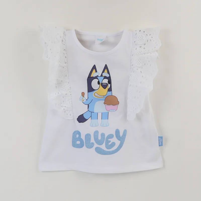 BLUEY - Polera Sin Manga Niña Blanco Vuelos Cake Bluey