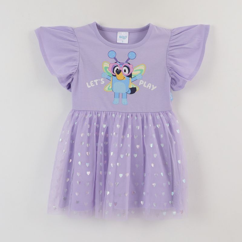 BLUEY - Vestido Manga Vuelos Niña Lila Bluey Lets Play Bluey