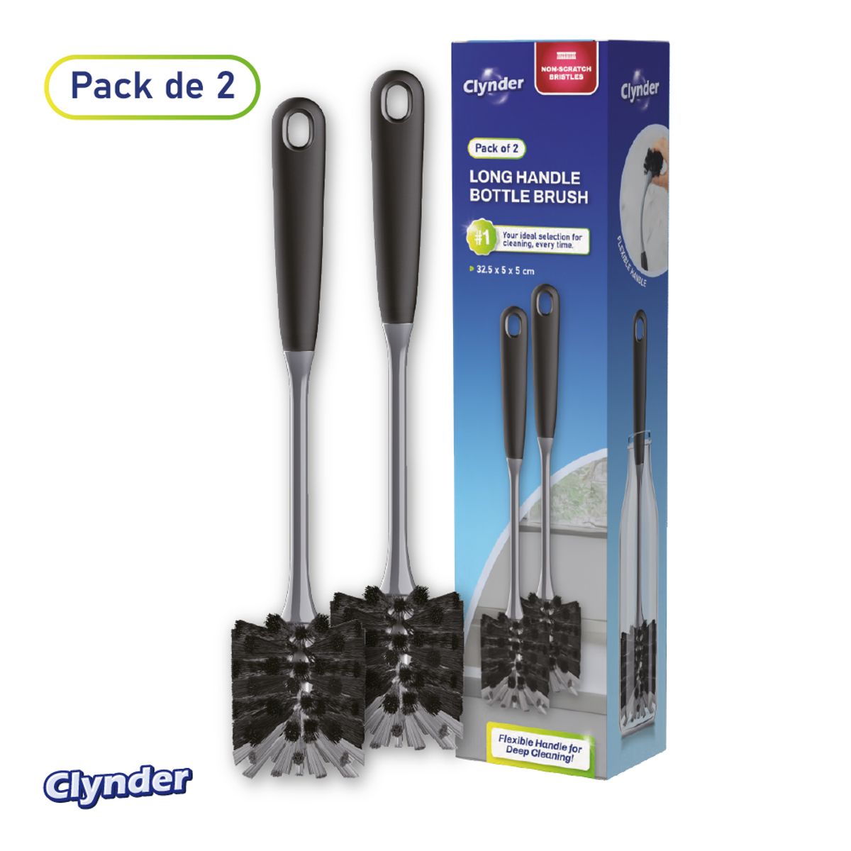 CLYNDER - Set 2 Cepillos Flexibles Limpieza Botellas Multiuso Clynder
