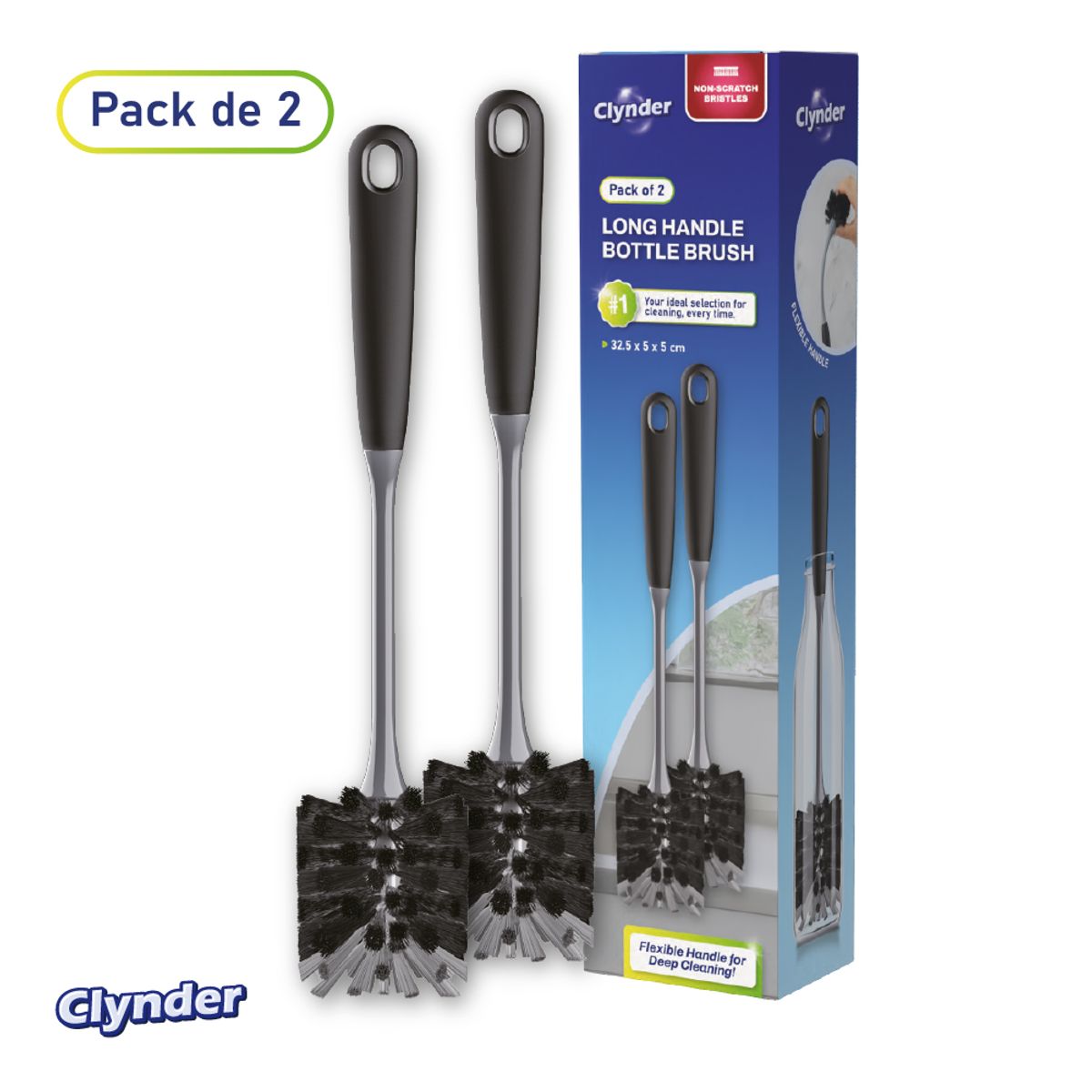 CLYNDER - Set 2 Cepillos Flexibles Limpieza Botellas Multiuso Clynder