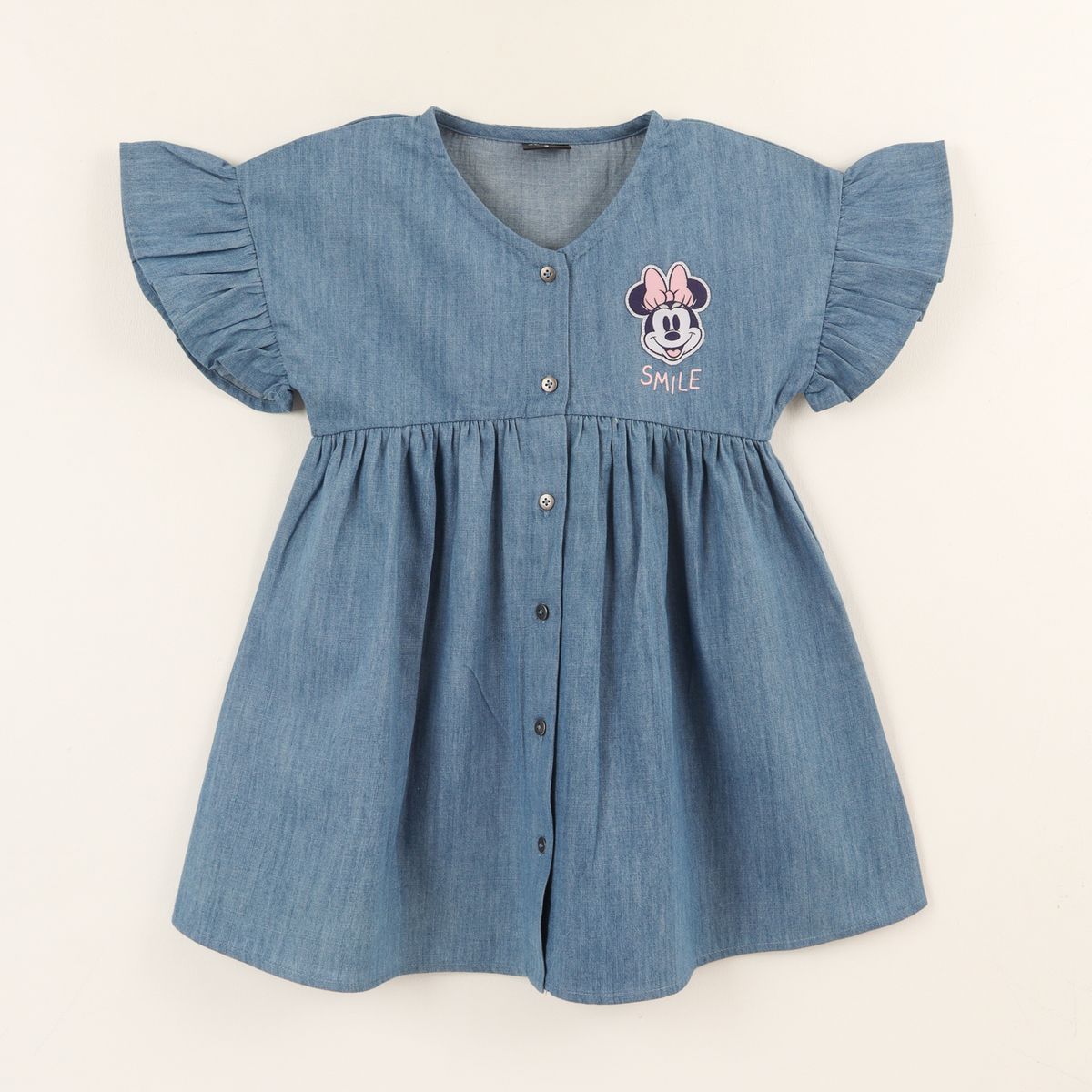 DISNEY - Vestido Manga Vuelos Niña Denim Azul Botones Minnie Disney