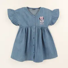 DISNEY - Vestido Manga Vuelos Niña Denim Azul Botones Minnie