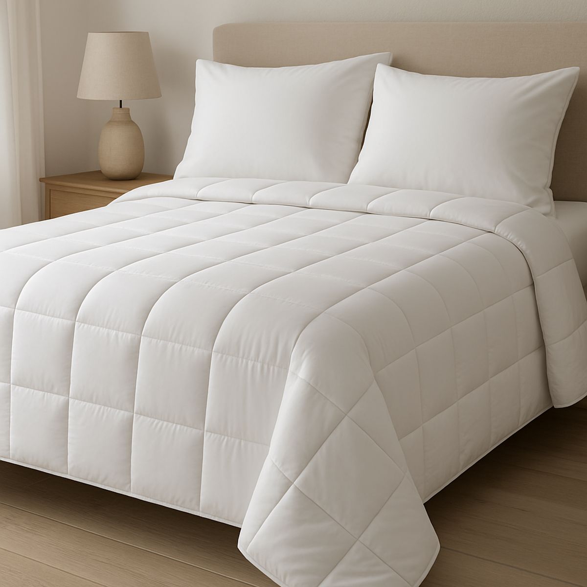 LE NUIT - Quilt 2 Plazas Algodón Egipcio 300 Hilos Cuadros Blanco