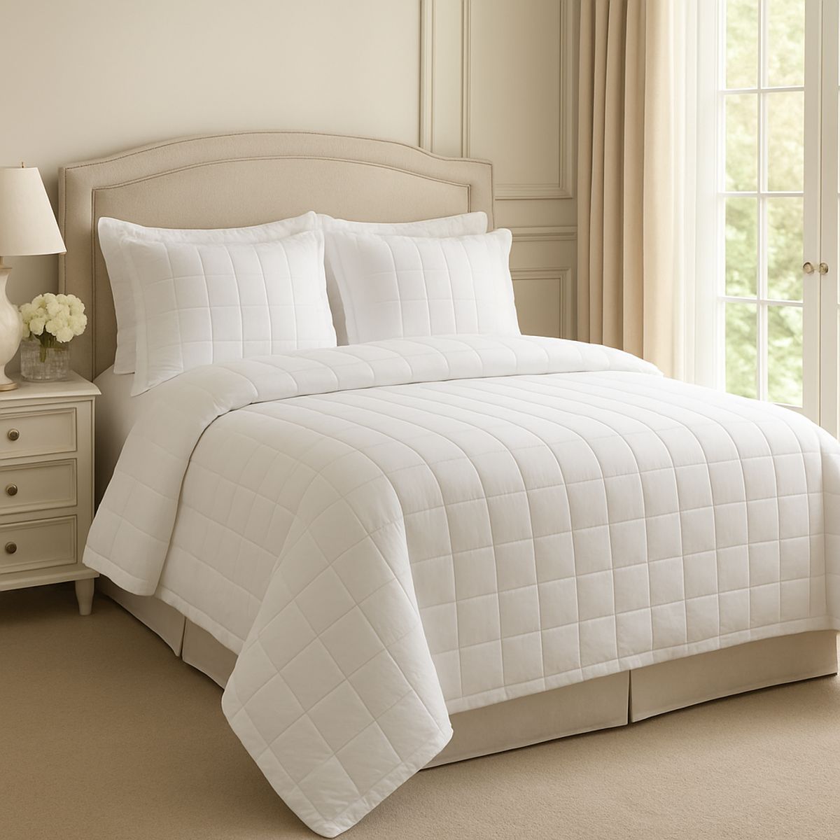 LE NUIT - Quilt 2 Plazas Algodón Egipcio 300 Hilos Cuadros Blanco