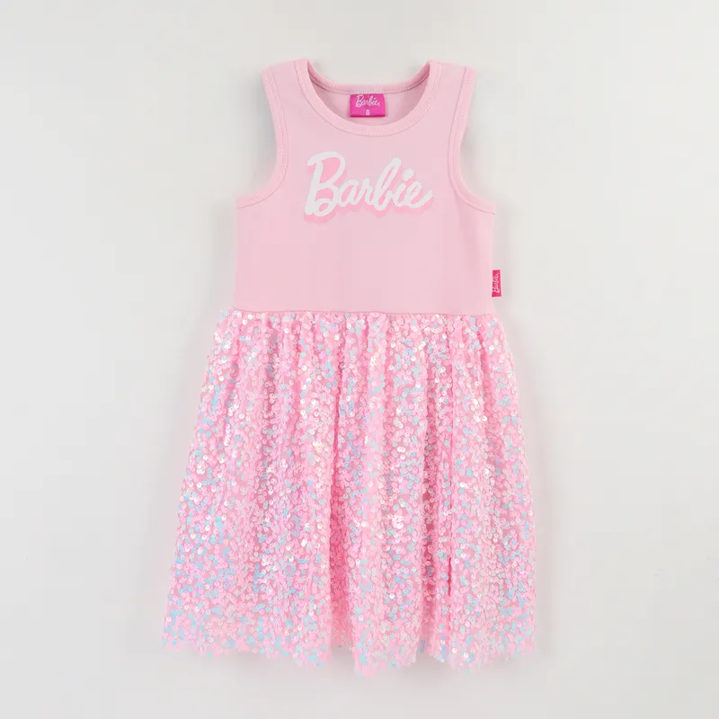 BARBIE - Vestido Sin Manga Niña Rosado Barbie Logo Print Barbie