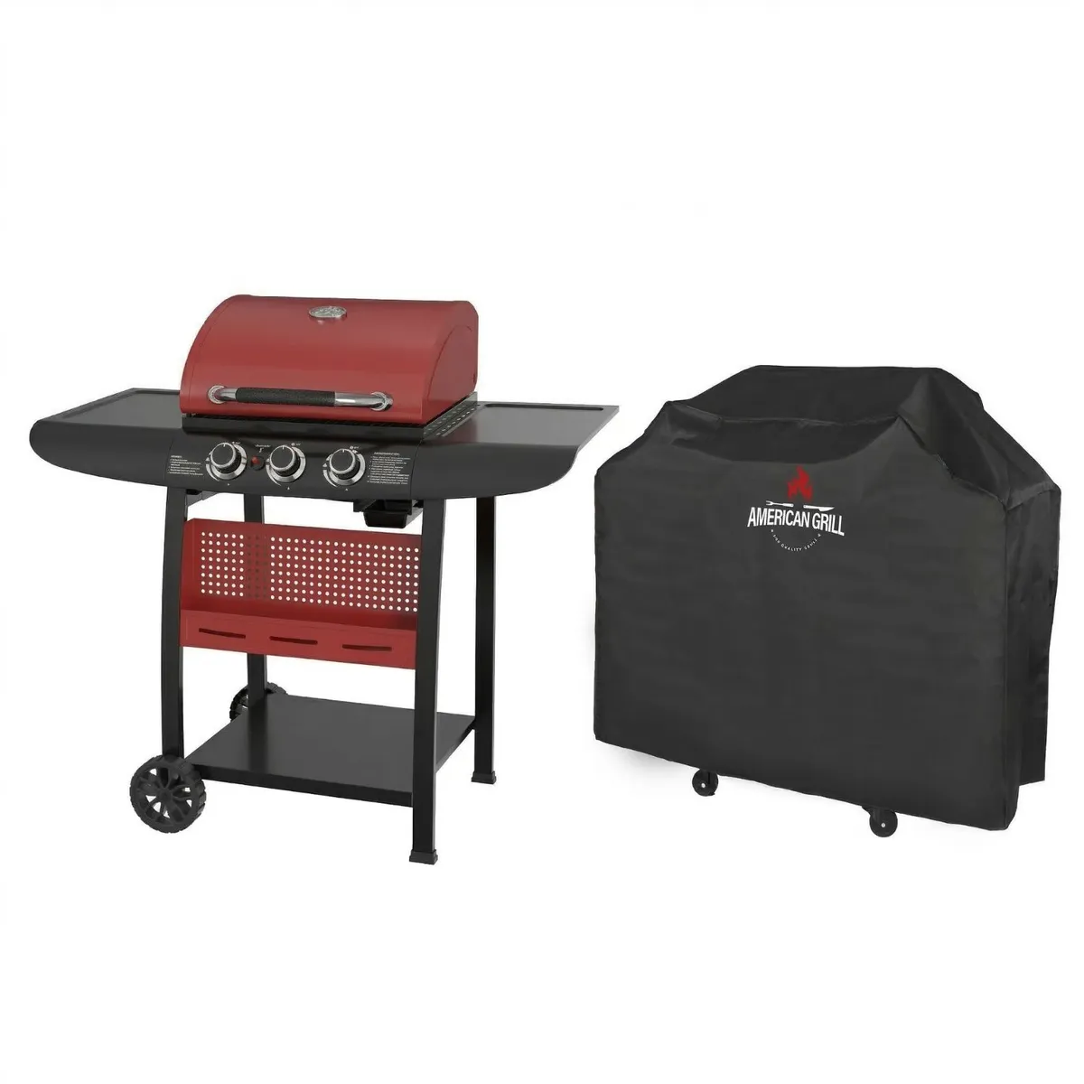 AMERICAN GRILL - Set Parrilla a Gas 3 Quemadores Kansas Red + Funda S
