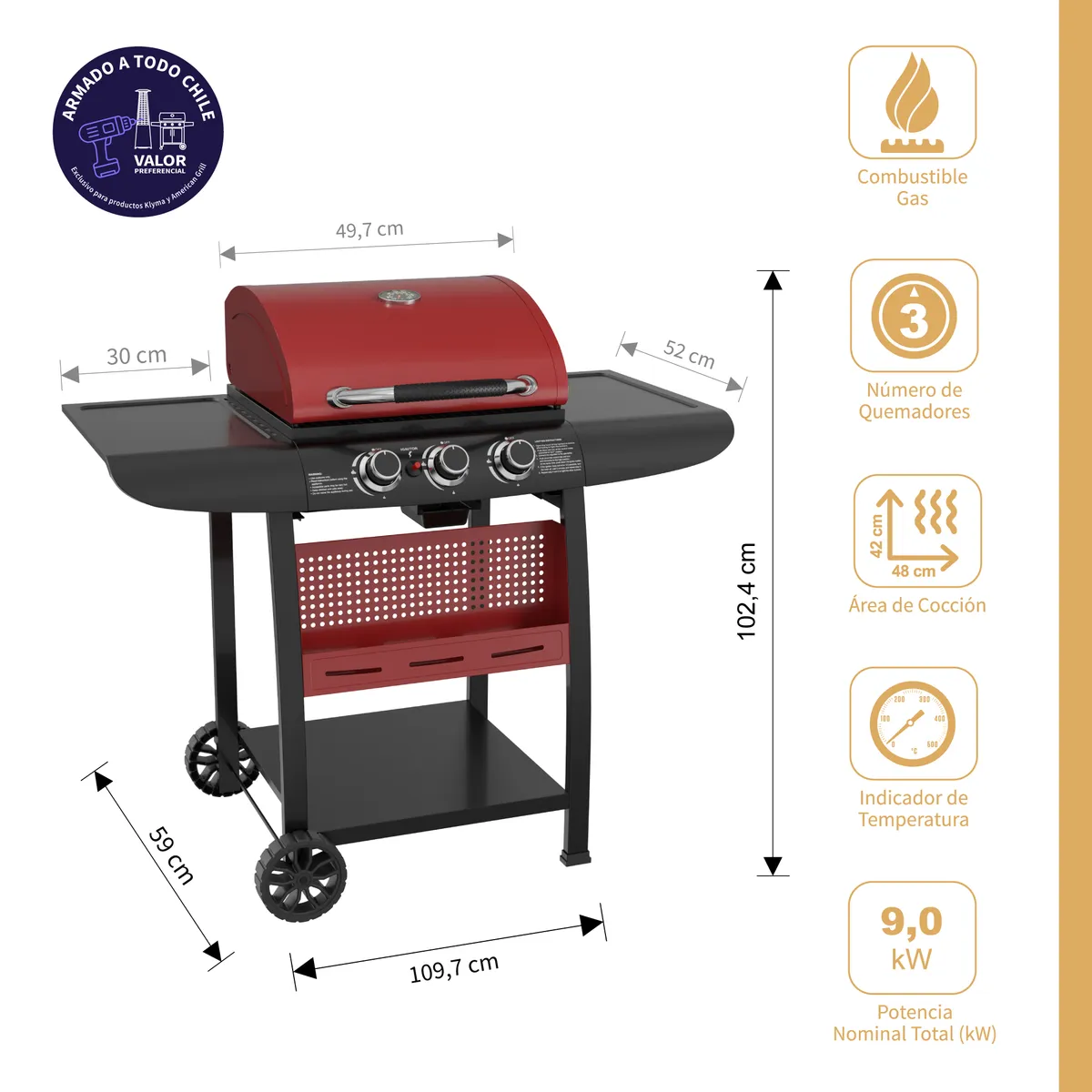 AMERICAN GRILL - Set Parrilla a Gas 3 Quemadores Kansas Red + Funda S