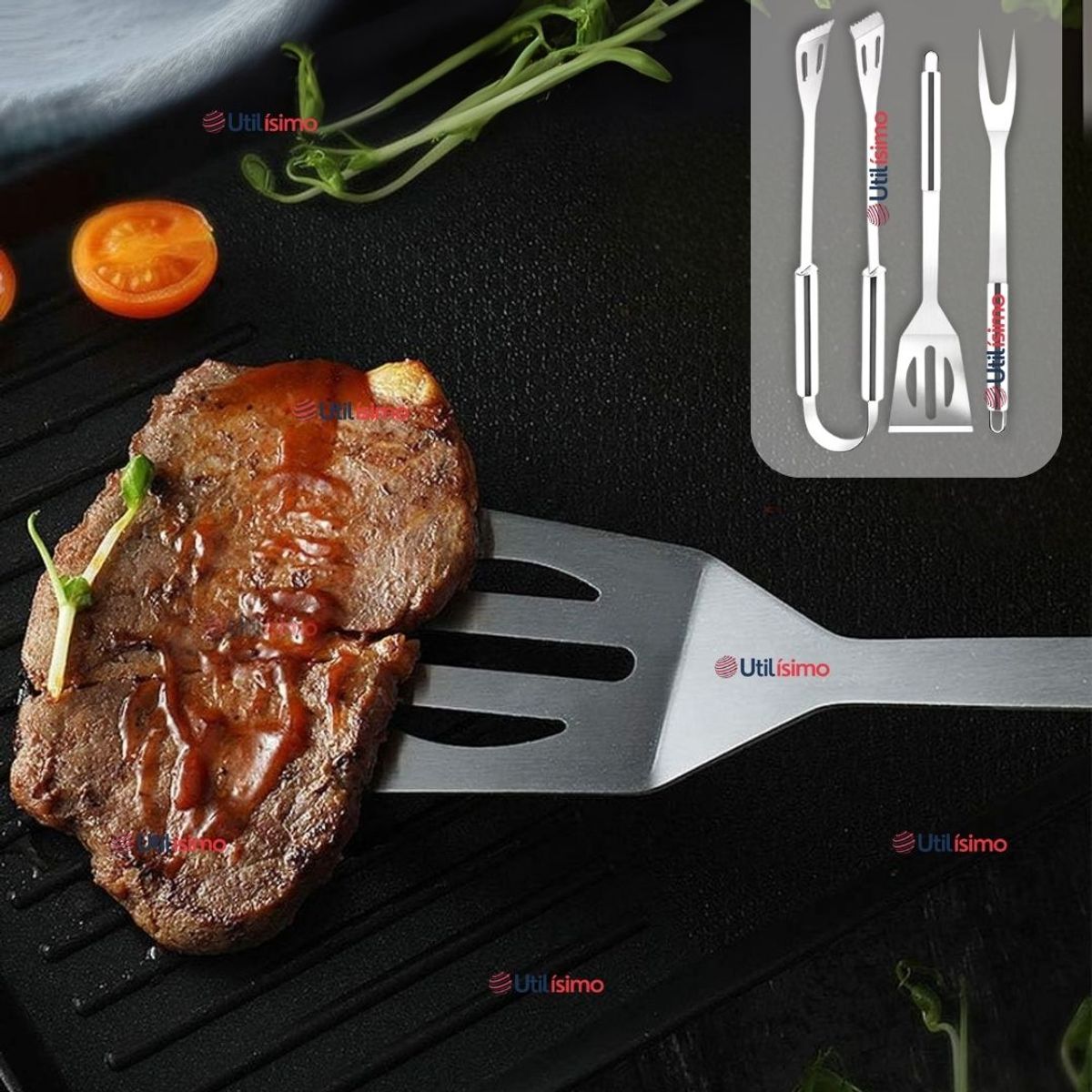 LINE - Kit Parrillero 3 Piezas Pinza Espátula Tenedor Acero Inoxidable