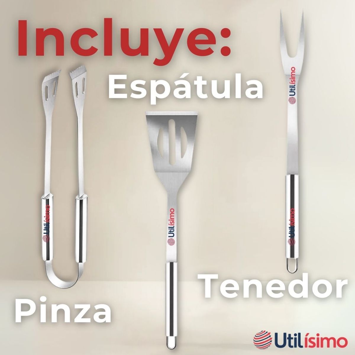 LINE - Kit Parrillero 3 Piezas Pinza Espátula Tenedor Acero Inoxidable