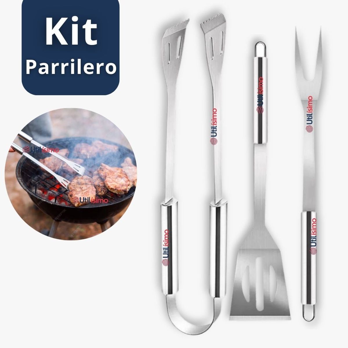 LINE - Kit Parrillero 3 Piezas Pinza Espátula Tenedor Acero Inoxidable