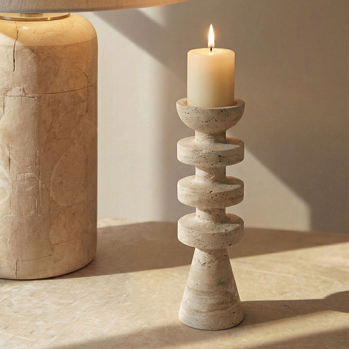 SANTU HOME & DECO - Candelabro Torre Alfil Figura Decorativa Travertino Grande