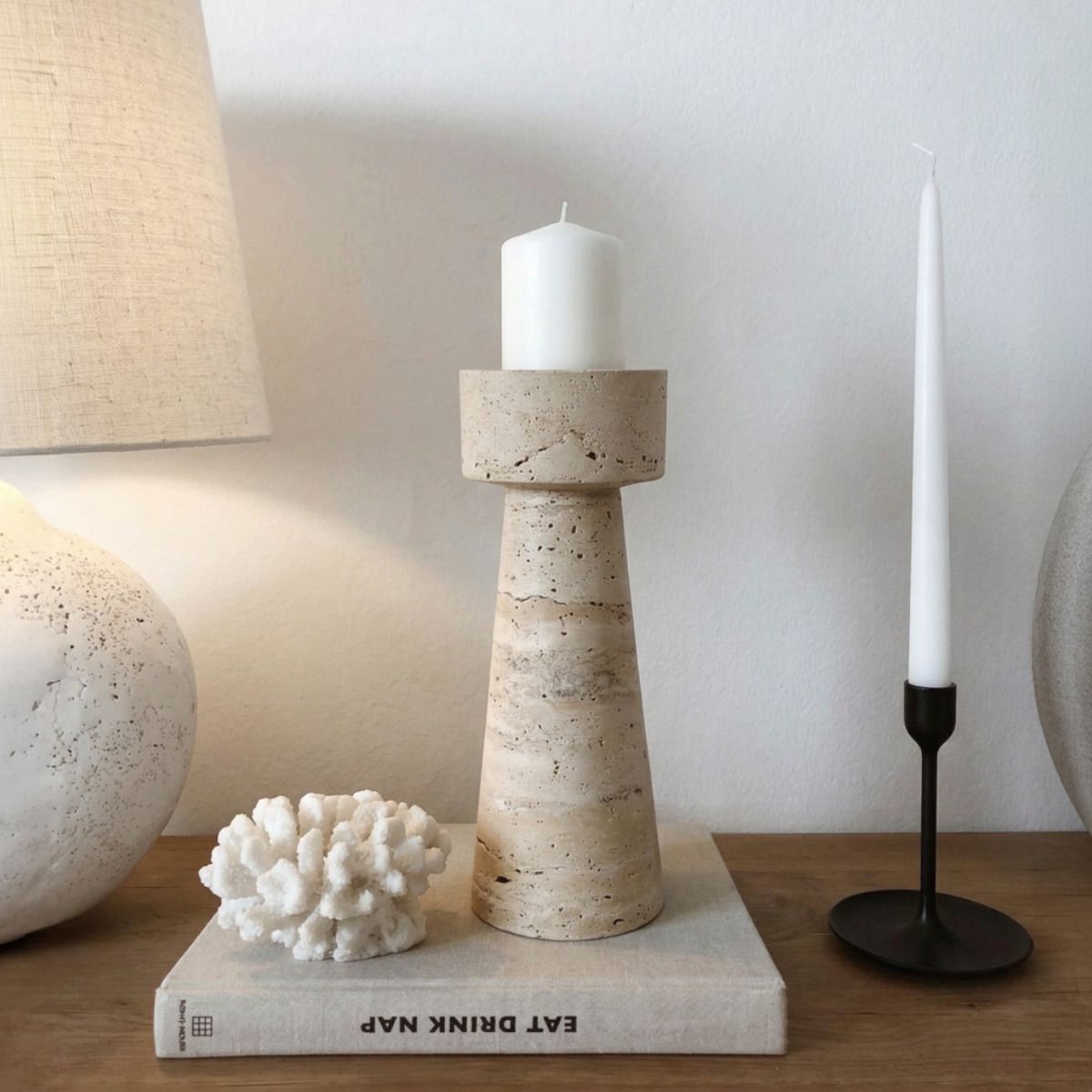 SANTU HOME & DECO - Candelabro Portavelas Marmol Travertino Torre Grande