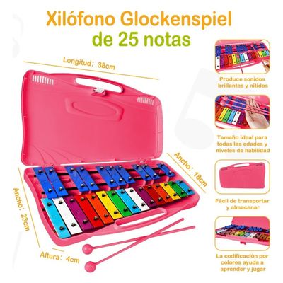 Imagen 2 del producto Metalófono Cromático Xilófono 25 Notas Con Maleta, Rosado, AllinX