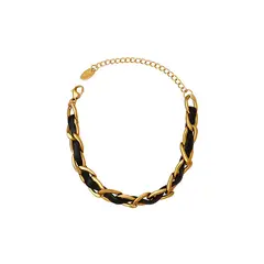 LUX JOYAS - Pulsera Baño Oro Amarillo 18k Cadena Cuero Negro