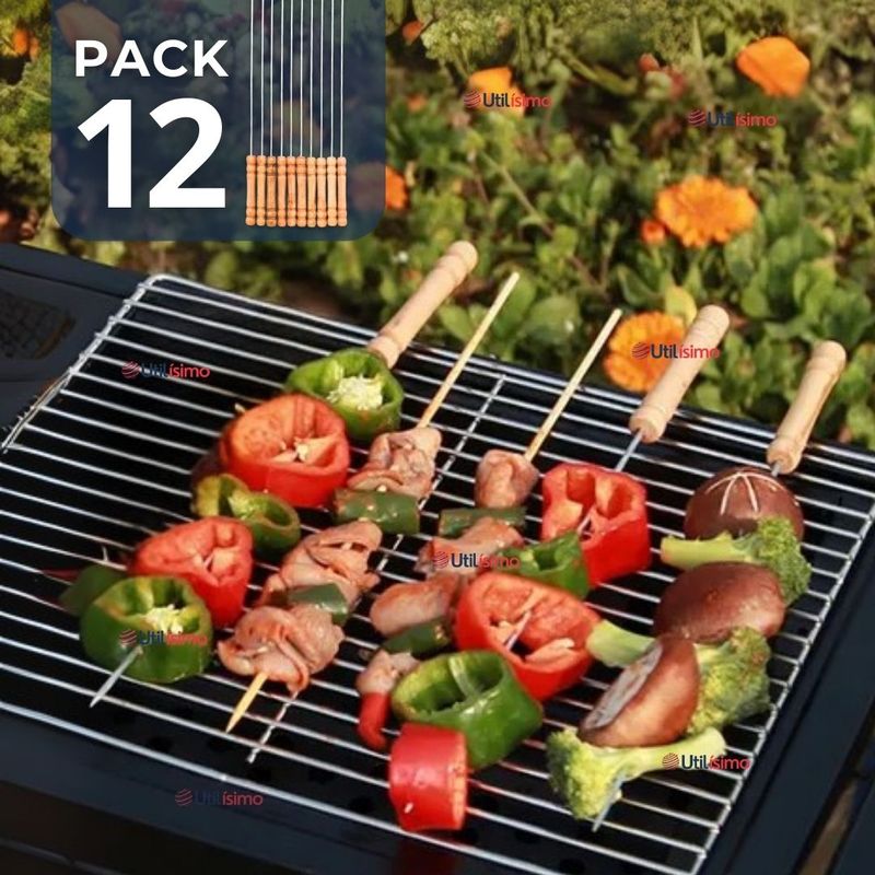 LINE - Pack 12 Pinchos De 40cm Para Anticuchos Brochetas Asados Mango Madera