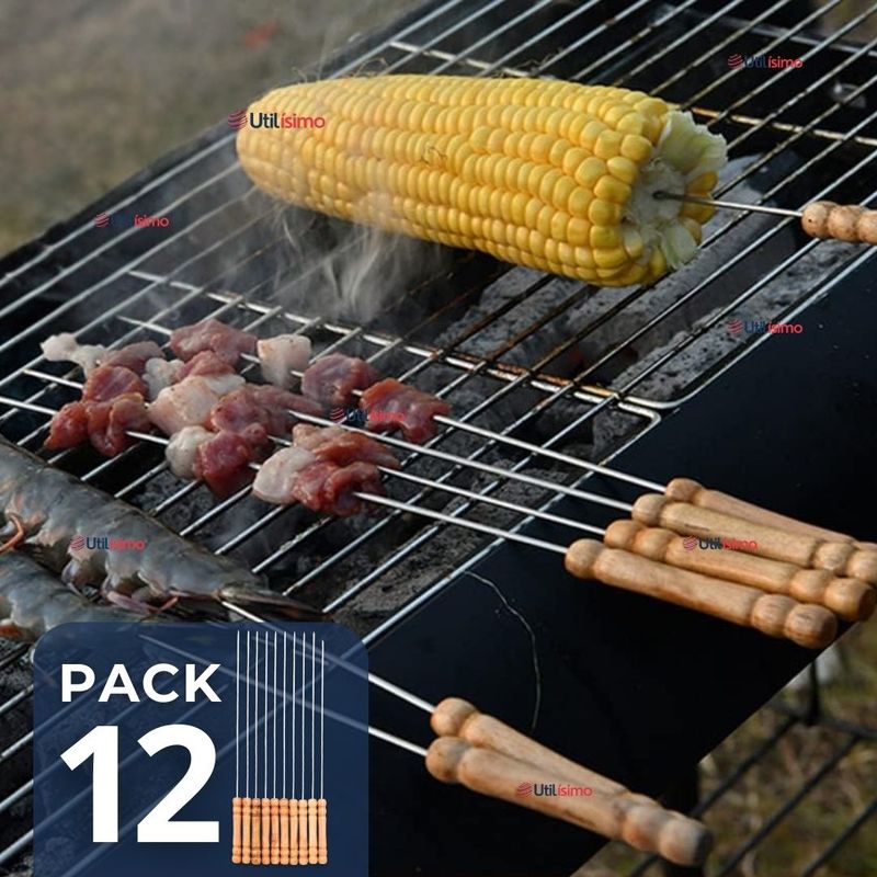 LINE - Pack 12 Pinchos De 40cm Para Anticuchos Brochetas Asados Mango Madera